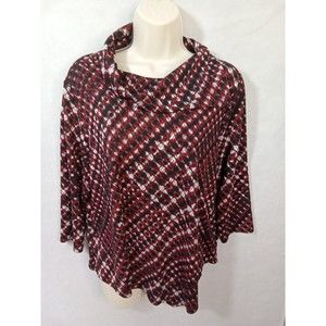 Ruby Rd Women Petite Lg Black Red White  Cowl Neck Pullover Flowing Blouse